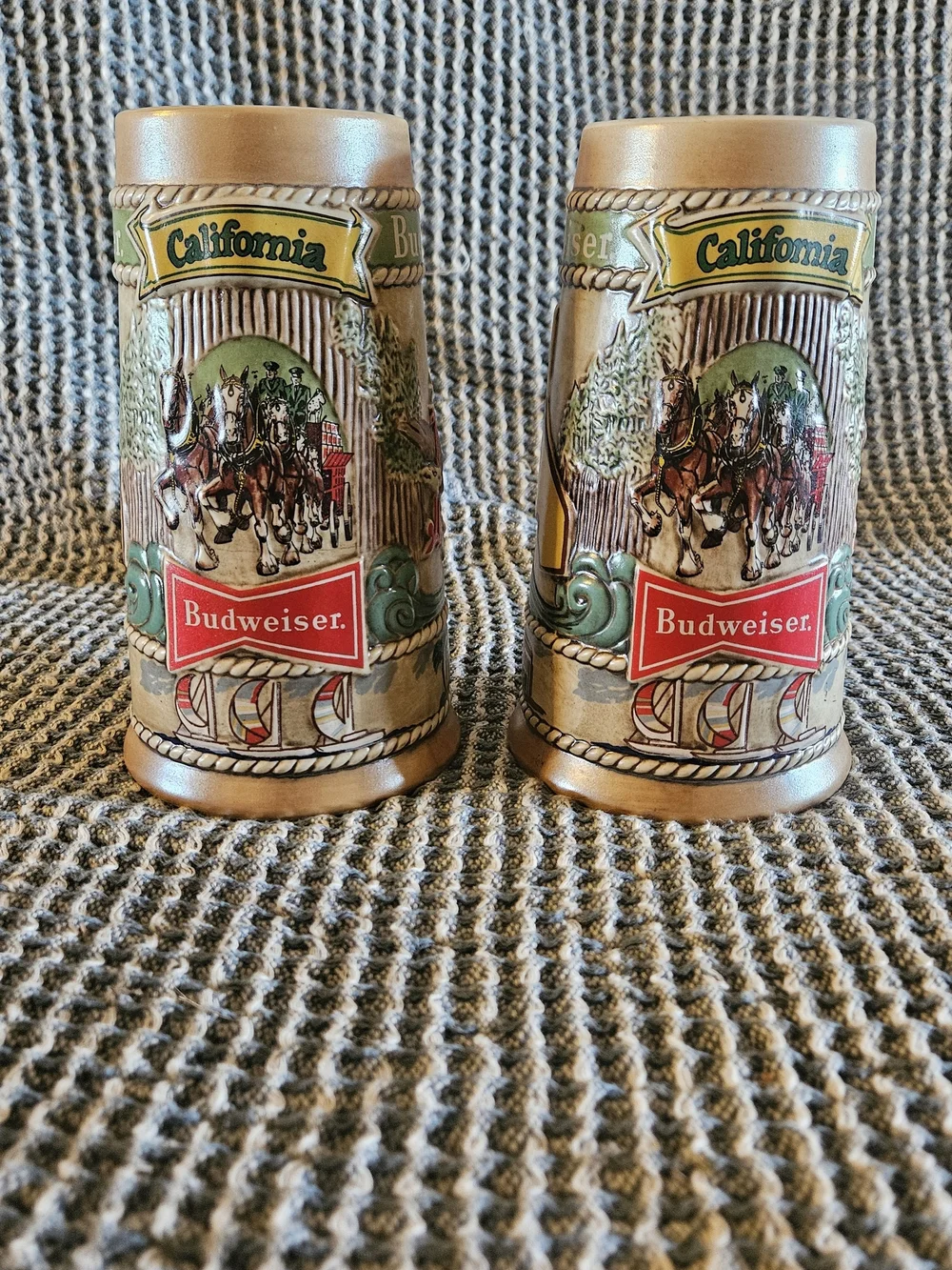 Budweiser Tan Ceramic California Stein Pair with Red Logo